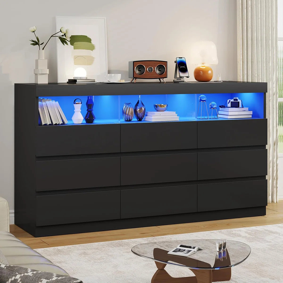 9 Drawer Dresser For Bedroom With Led Lights, Large Chest Of Drawers Handle Free, Modern Long Dressers With Charging Station,for Living Room,cloakroom,entryway