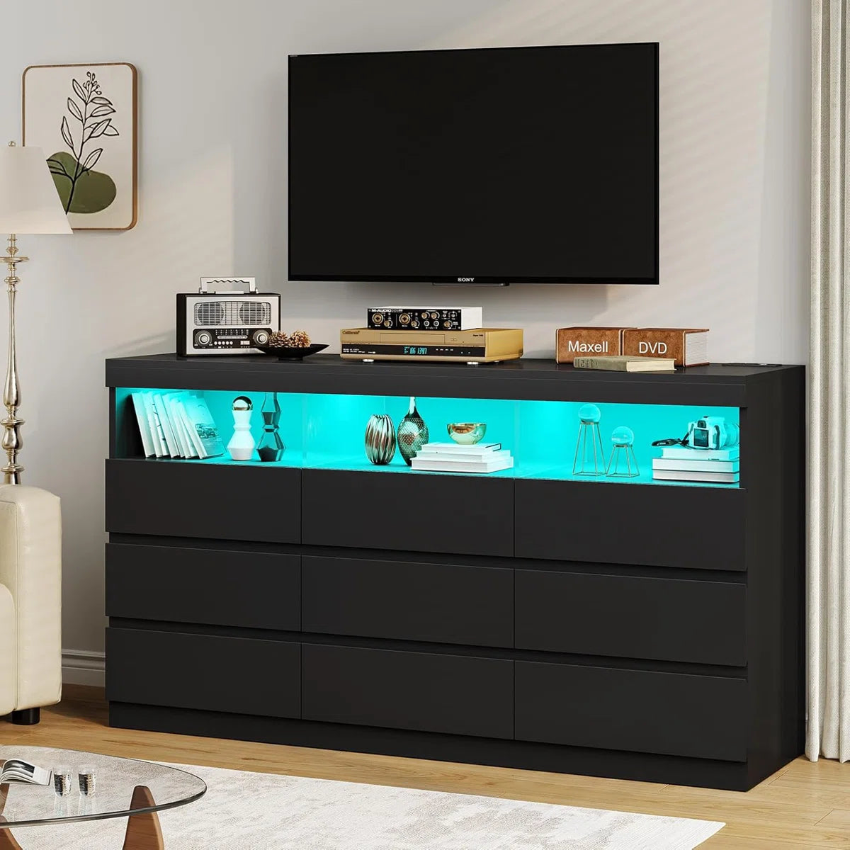 9 Drawer Dresser For Bedroom With Led Lights, Large Chest Of Drawers Handle Free, Modern Long Dressers With Charging Station,for Living Room,cloakroom,entryway